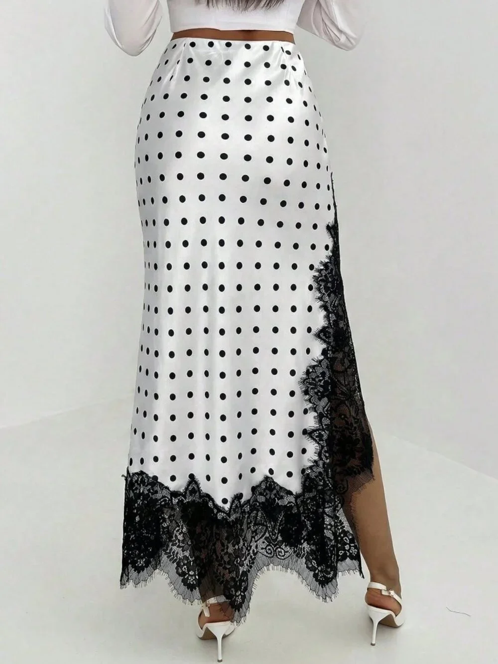 Black And White Elegant Women's Polka Dot Print Lace Patchwork Skirt